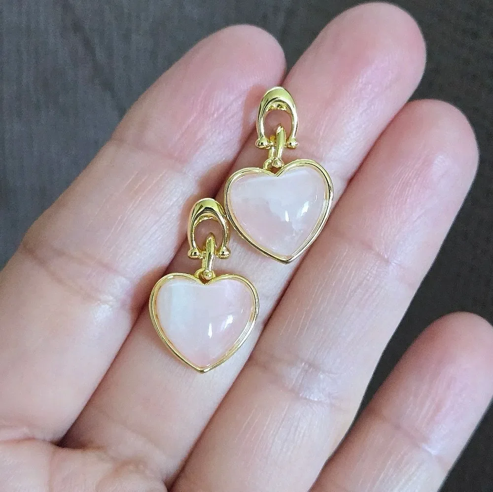 Coach Carved Rose🌹Quartz Heart💕 Drop Earrings